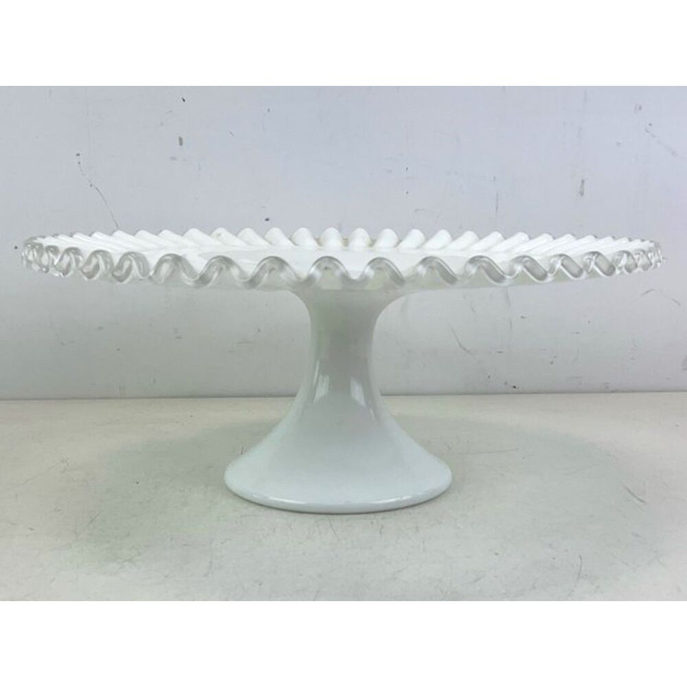 Fenton Silver Crest milk glass cake stand with ruffled clear edge